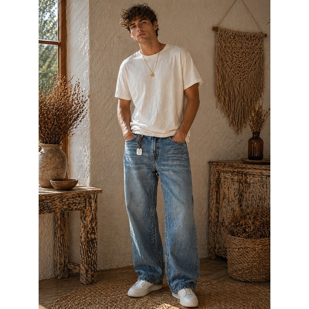NWT Tin Haul Co Mens Straight Leg Medium‎ Wash Denim Jeans 34/L Baggy Streetwear